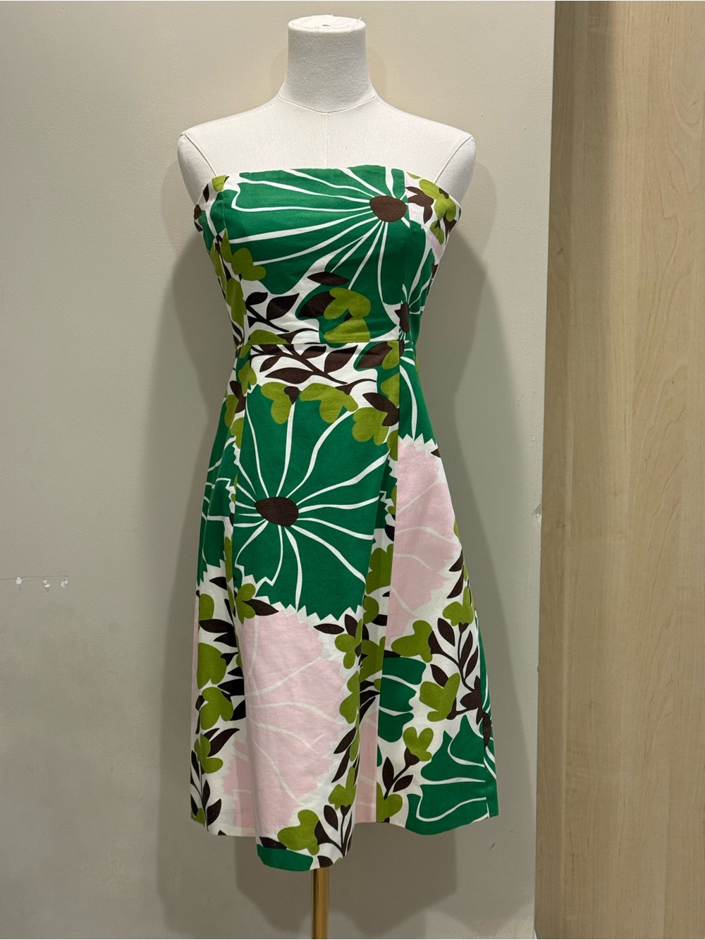 J. Crew Vintage Strapless Green, Pink & Brown Floral Fit-and-Flare Dress